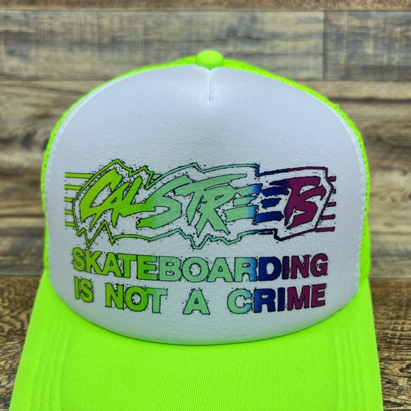 Calstreets Mens Trucker Hat Neon Green Skateboarding Is Not A Crime Baseball Cap - Picture 3 of 8